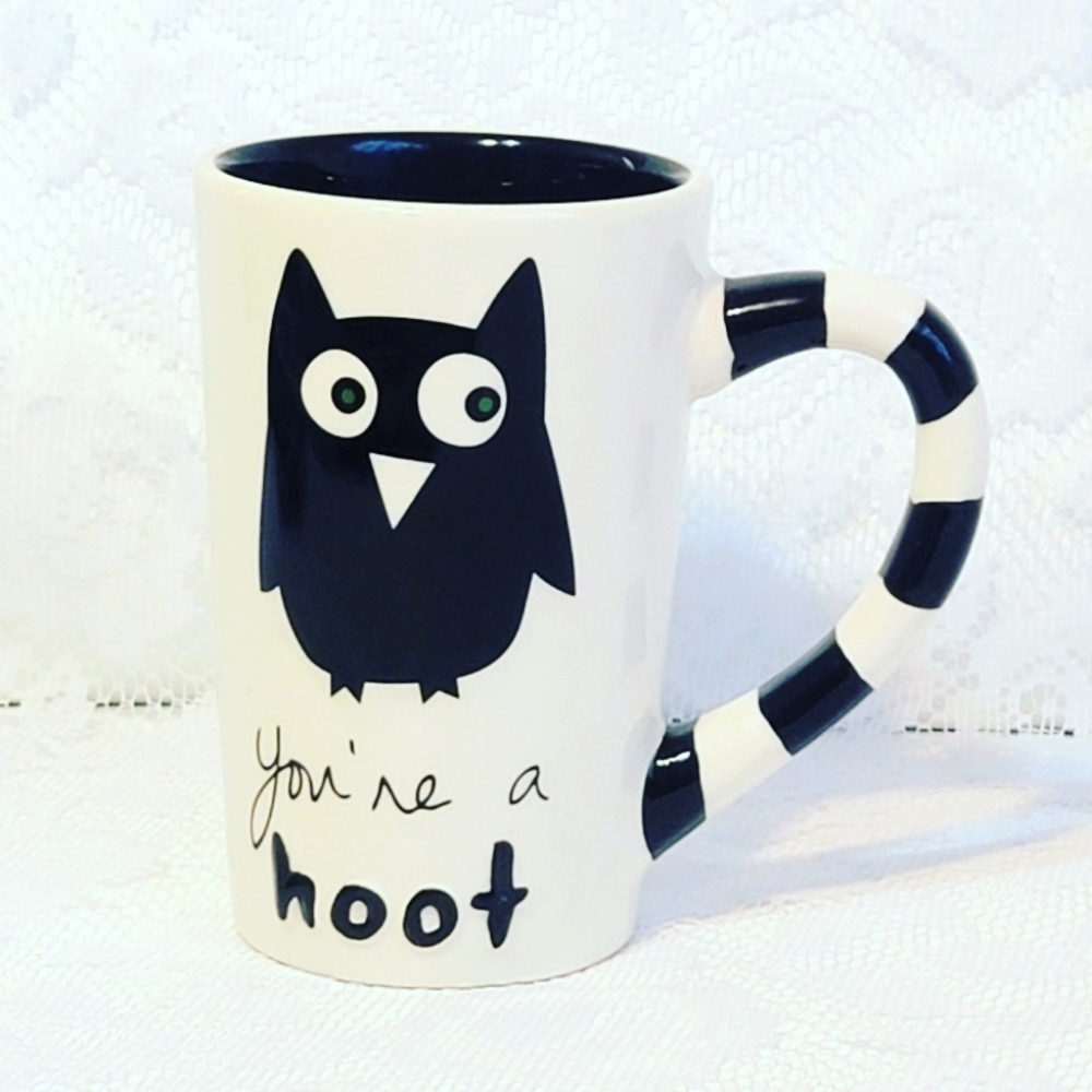 You're a hoot! Ceramic Black & White Stripes Handle Owl Tall Cup Coffee Mug